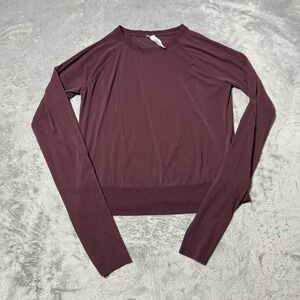Athleta Asana Sheer Burgundy Mesh Crop Race Length Long Sleeve Tee Sz XS‎